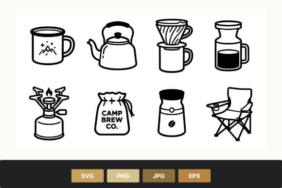 Camping Coffee Icons Set Black White