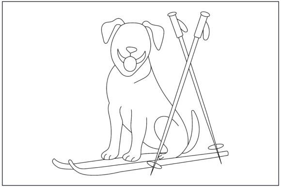 Dog Sitting Crossed Skis Line Art