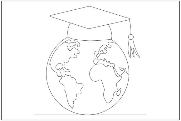 Earth Graduation Cap Line Art