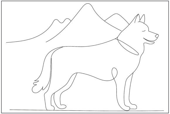 Husky Standing Mountains Scene Line Art