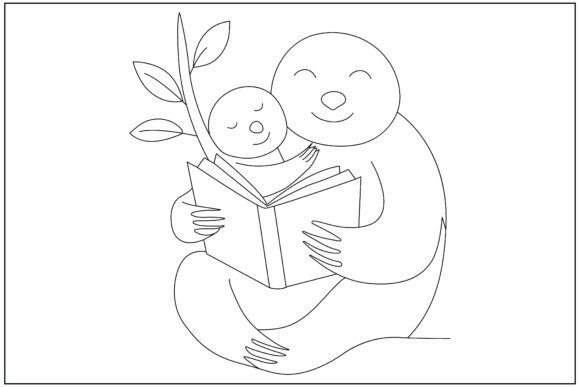 Sloth Mother and Baby Hug Line Art