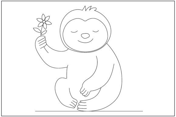 Sloth Tiny Flower Line Art
