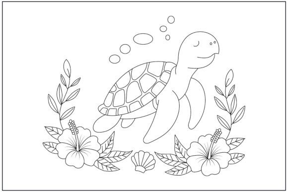 Smiling Sea Turtle Hibiscus Line Art