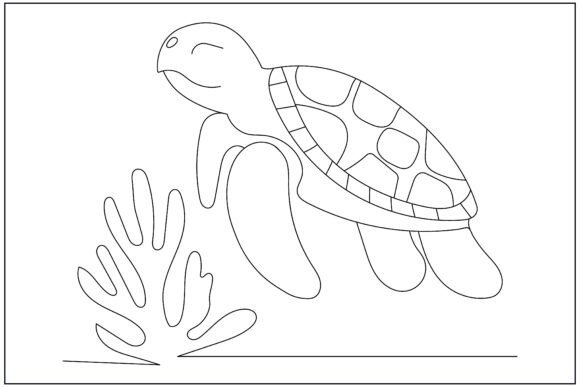 Swimming Turtle Coral Reef Line Art