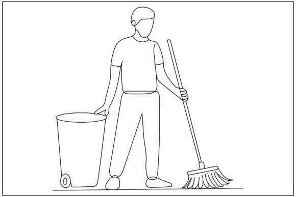 Trash Man Cleaning Line Art